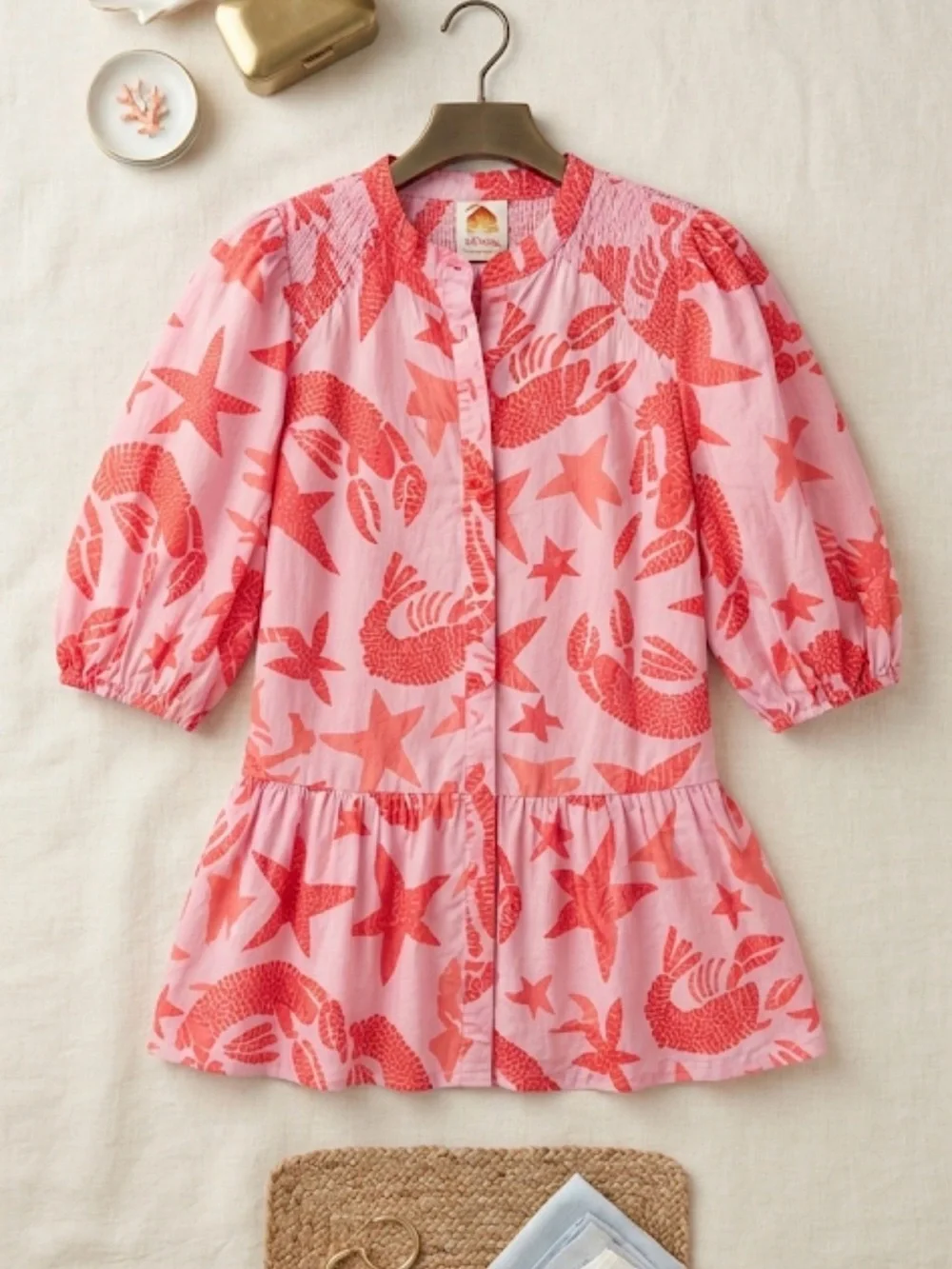 Farm Rio Women's Pink & Red lobster and sea shells dress